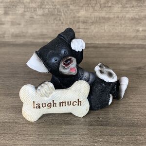 Figurine Black Dog Laughing Dog Happy Bone Laugh Much Sign Decor 2.5"